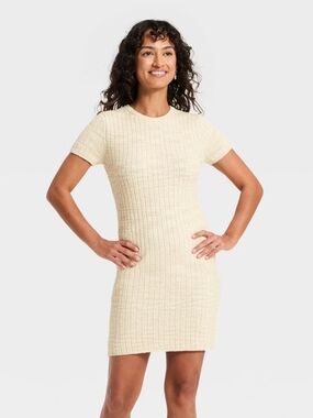 Women's Short Sleeve Rib Mini Sweater Dress - Universal Thread Oatmeal S